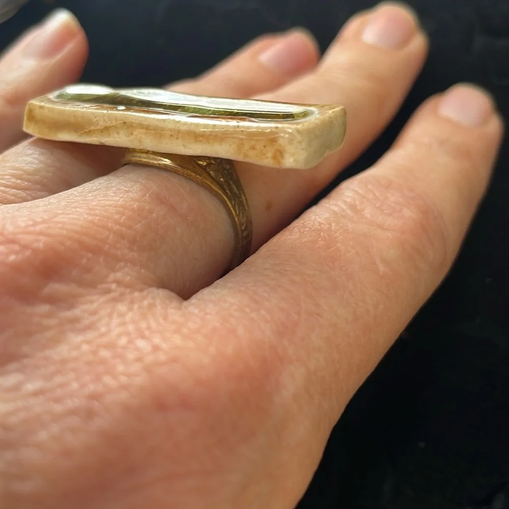 Ceramic glass ring. Statement ring. art to wear. Bar green brown adjustable band